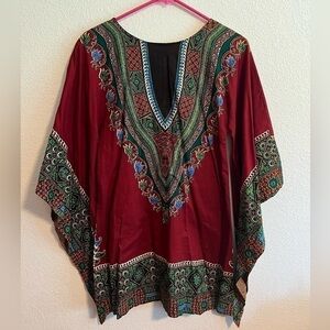 📚 1960s Vintage Red & Green Tunic Blouse with Angel Sleeves Size Small